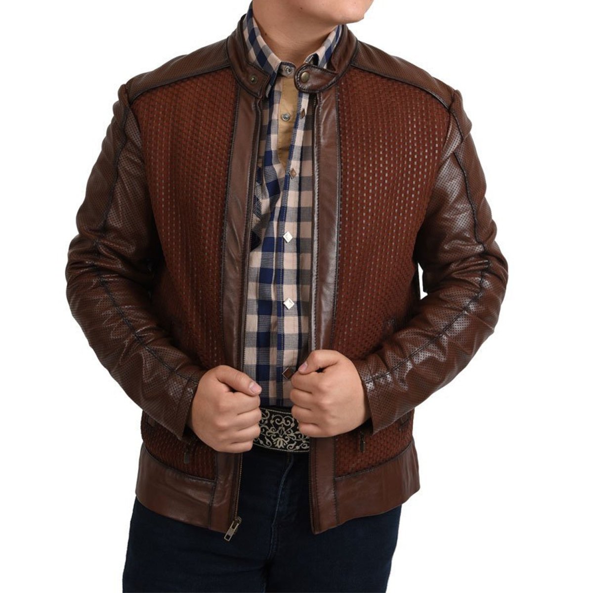 Men’s Brown Woven Cowhide & Sheepskin Leather Denim Jacket
