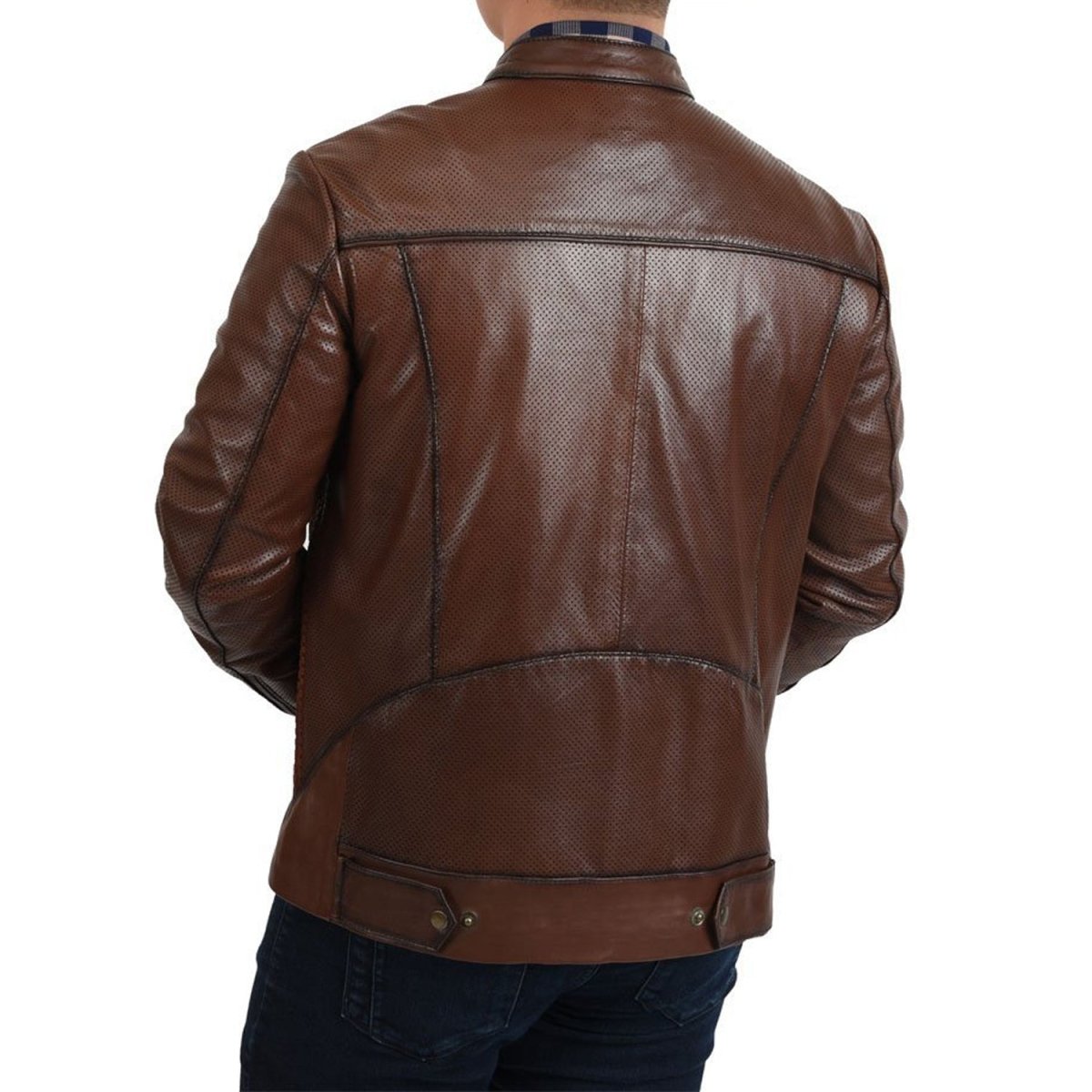 Men’s Brown Woven Cowhide & Sheepskin Leather Denim Jacket