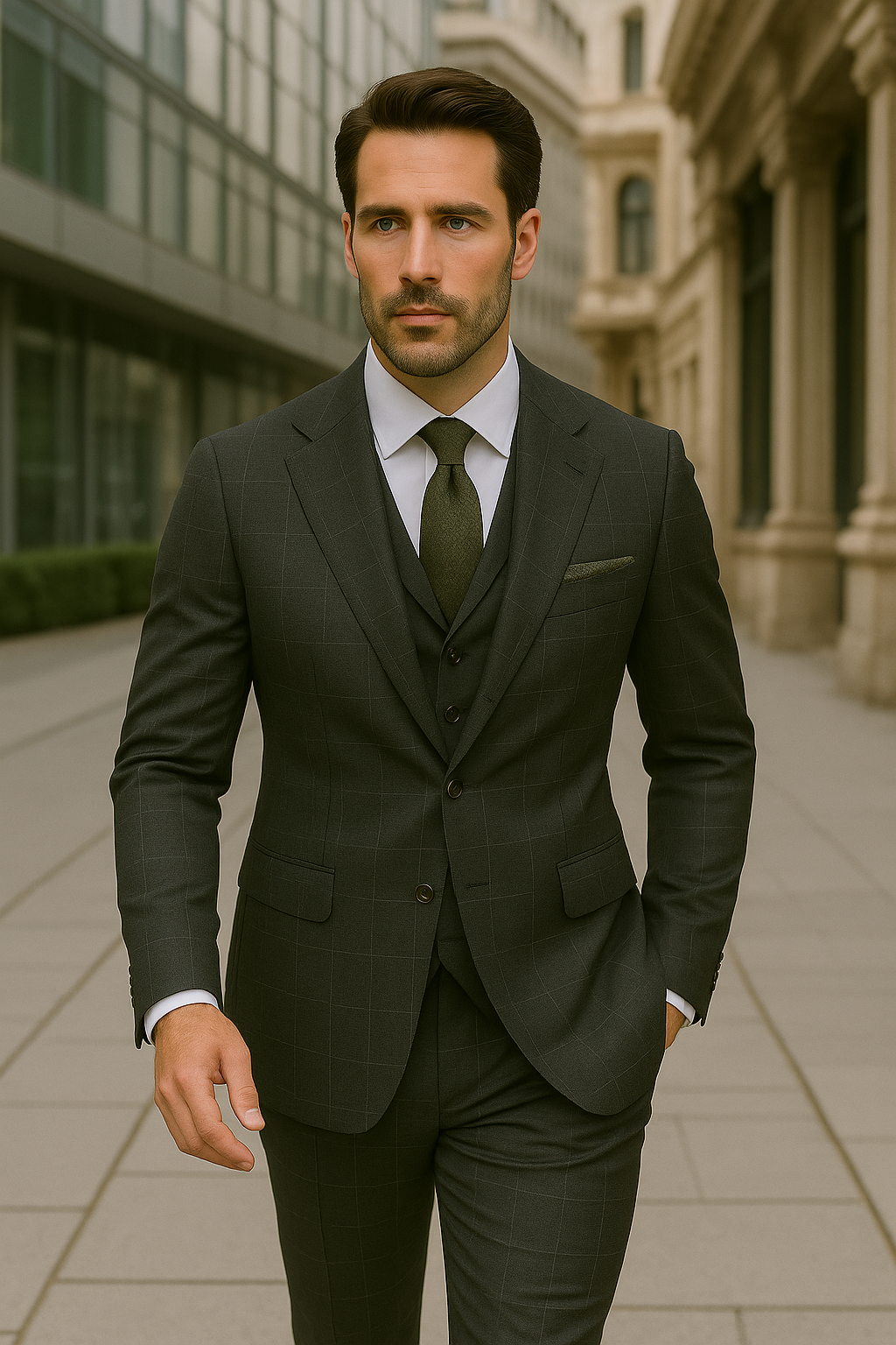 Modern Fit - Wool Suit - Italian Made Business Suit by Statement Men's 3 Piece 100% Wool Modern Fit Suit - V-Neck Double Breasted Vest