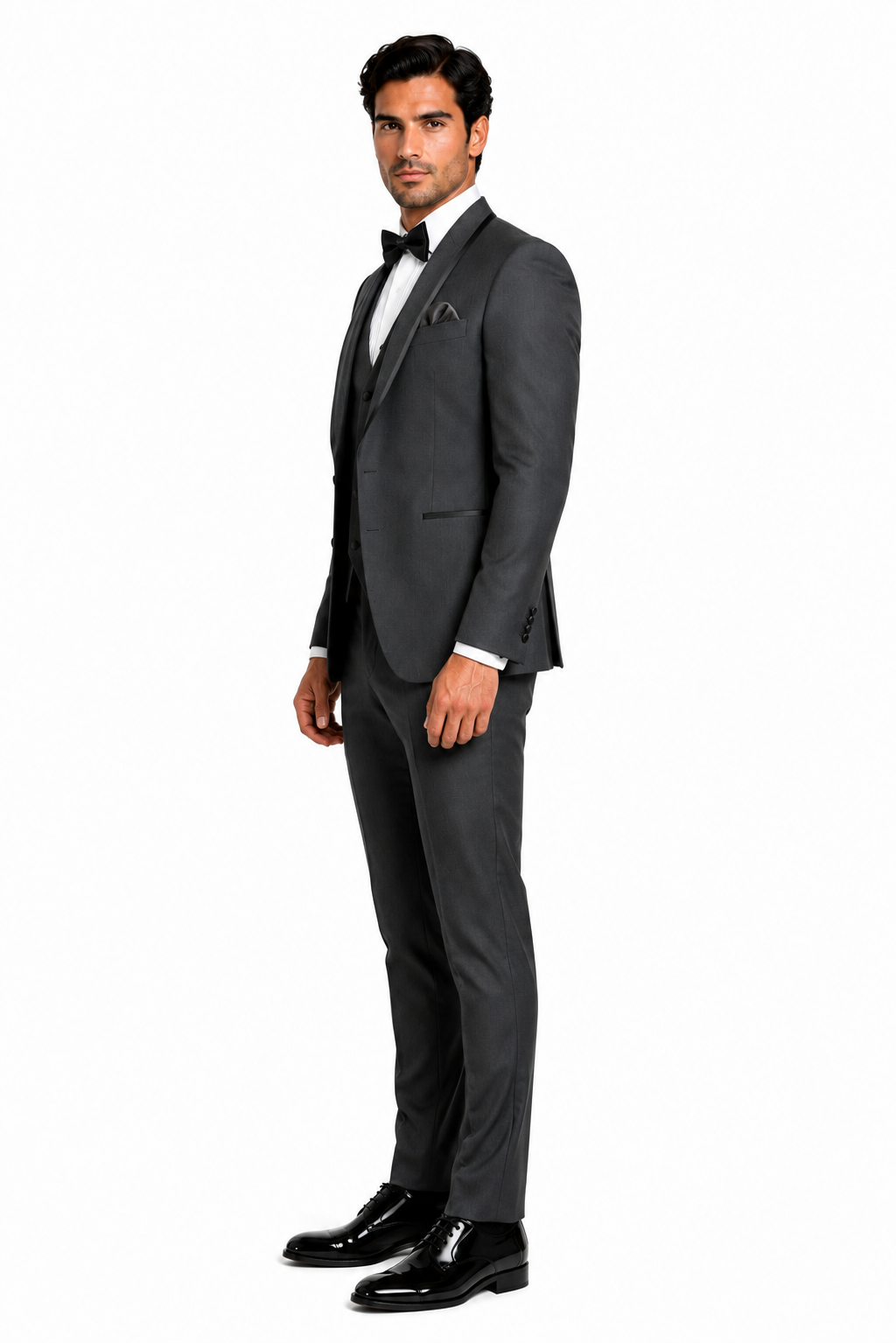 Classic Mens Vested Tuxedo in Charcoal â€“ Satin Shawl Collar for Formal Events