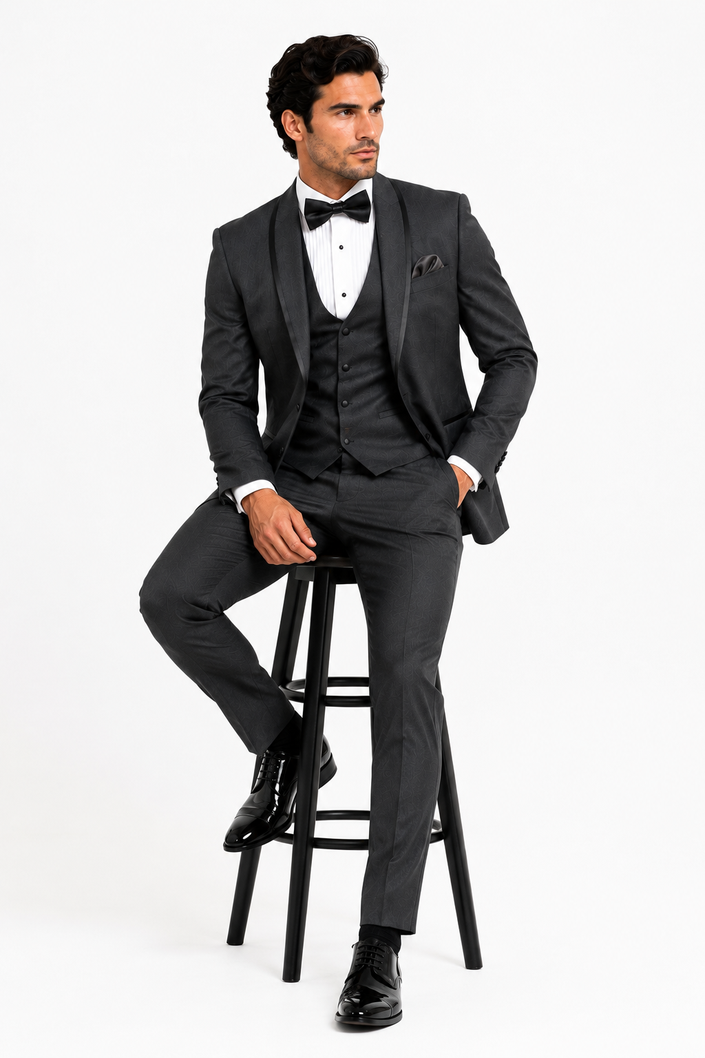 Classic Mens Vested Tuxedo in Charcoal â€“ Satin Shawl Collar for Formal Events