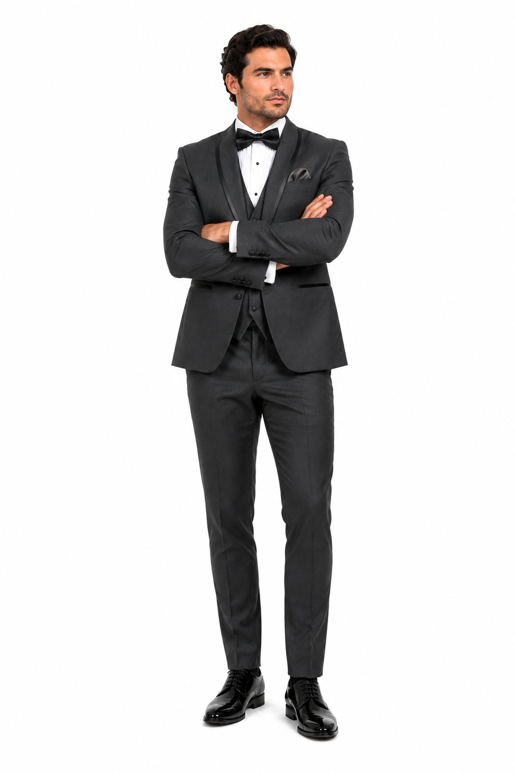 Classic Mens Vested Tuxedo in Charcoal â€“ Satin Shawl Collar for Formal Events