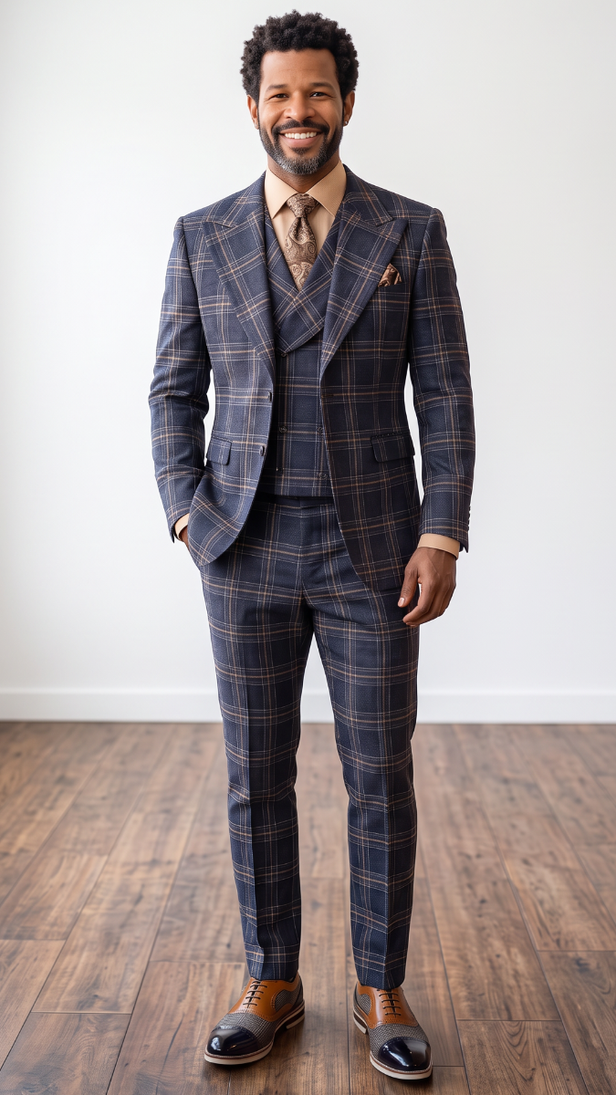 Statement Men's 3-Piece 100% Wool Tailored Fit Plaid Suit - Double Breasted Vest