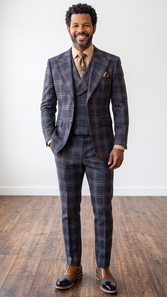 Statement Men's 3-Piece 100% Wool Tailored Fit Plaid Suit - Double Breasted Vest