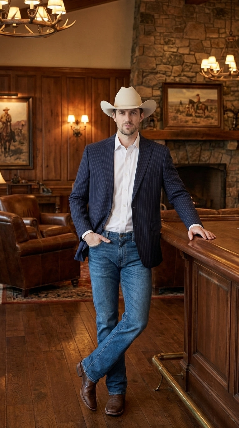 Mens Navy Blue Pinstripe Western Blazer – Classic Cowboy Style Jacket for Business, Formal and Smart Casual Wear
