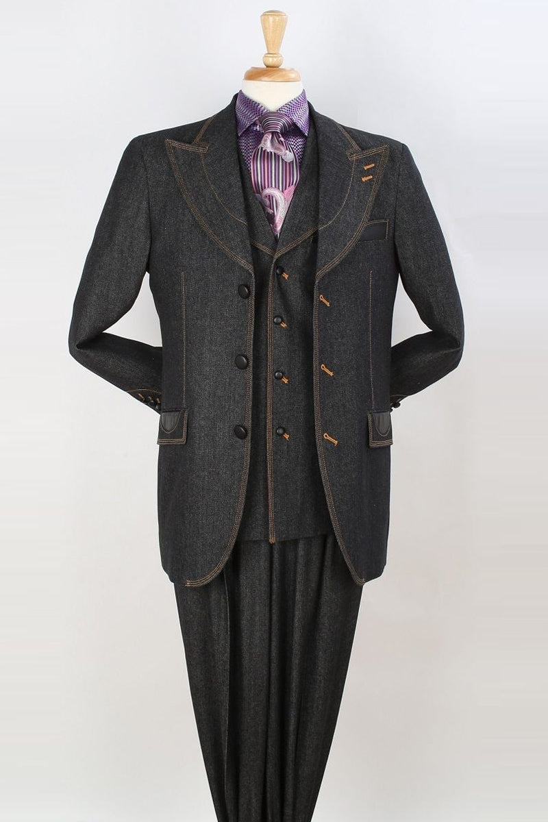 Apollo King "Black Denim Men's Suit with Vested Peak Lapel & Wide Leg Pants"