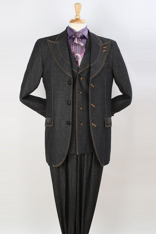 Apollo King "Black Denim Men's Suit with Vested Peak Lapel & Wide Leg Pants"