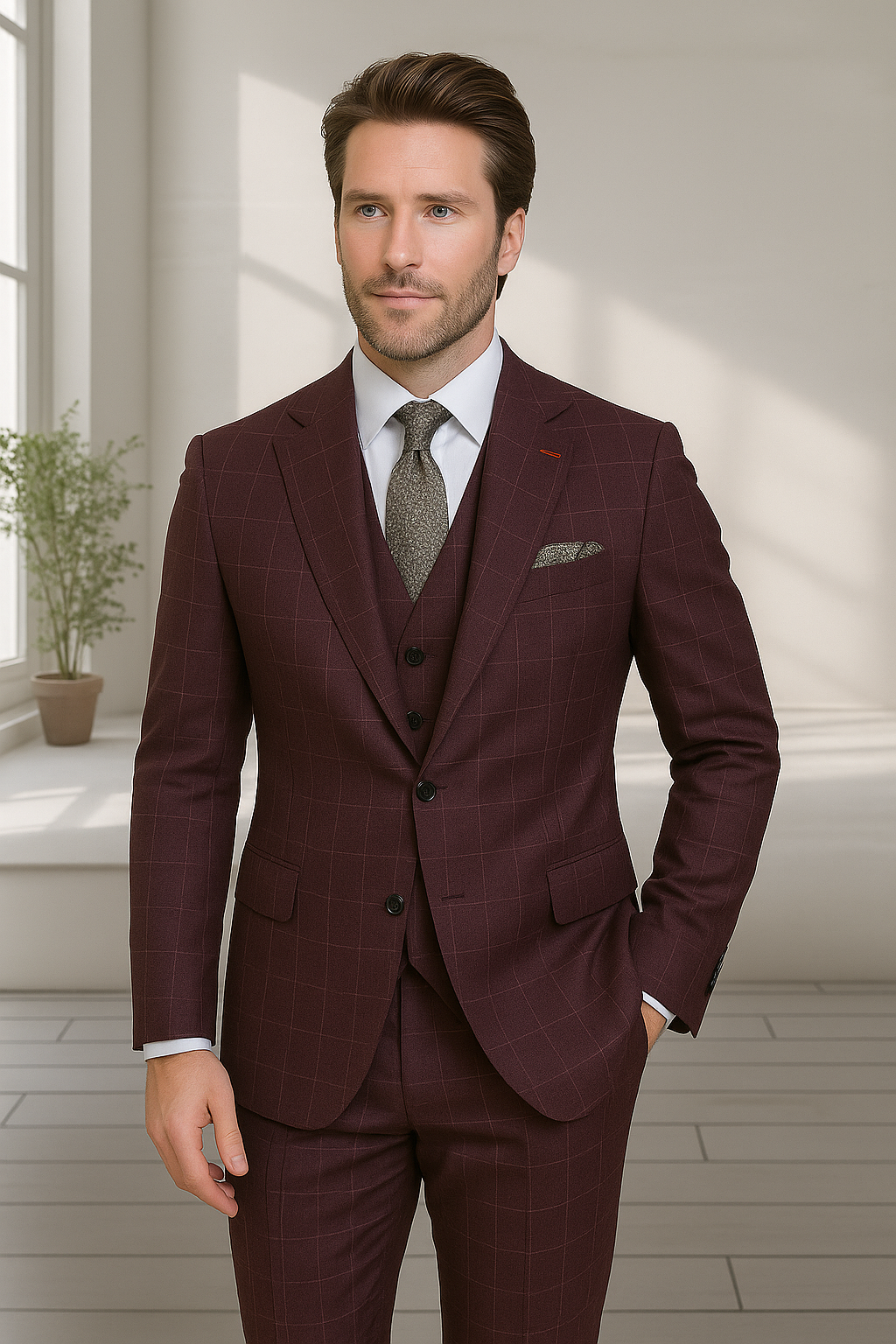 Modern Fit - Wool Suit - Italian Made Business Suit by Statement Men's 3 Piece 100% Wool Modern Fit Suit - V-Neck Double Breasted Vest