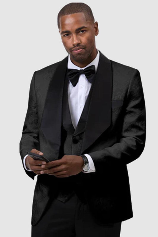 EJ Samuel Black Shawl-Vested Paisley Tuxedo: Perfect for Weddings & Proms