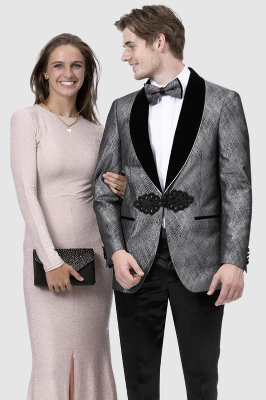 "EJ Samuel Charcoal Grey Hatch Pattern Smoking Jacket"