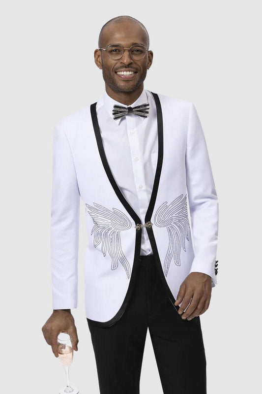 "EJ Samuel Men's Collarless White Tux Jacket w/ Diamond Wing Studs & Black Trim"
