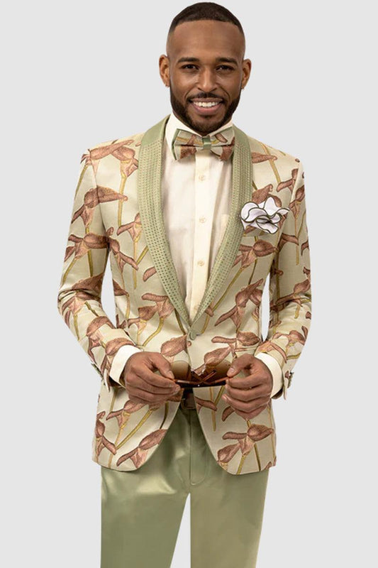 EJ Samuel Men's Floral Tuxedo: Beige & Fern Green