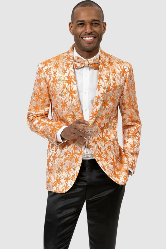 EJ Samuel Men's Orange Shiny Paisley Tuxedo Jacket with Shawl Lapel & One Button