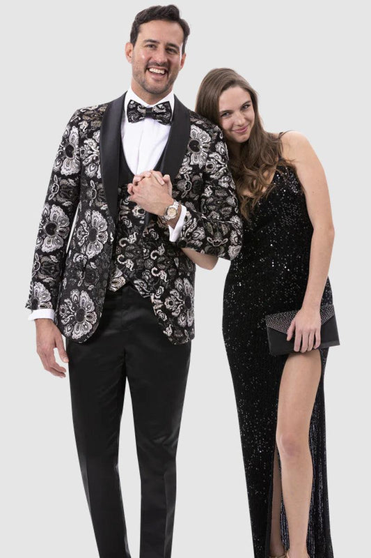 "EJ Samuel Men's Paisley White, Gold & Black Vested Prom Tuxedo"