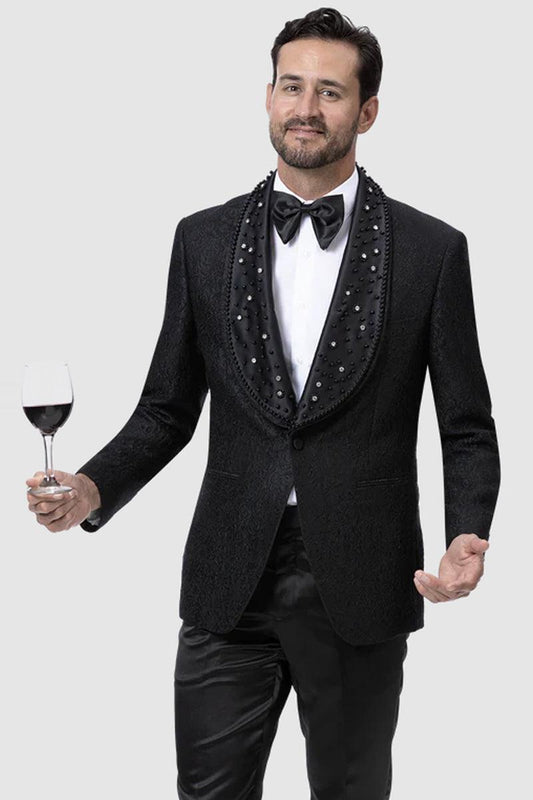 "EJ Samuel Men's Prom Tuxedo Jacket with Paisley Lace & Diamond Lapel - Black"