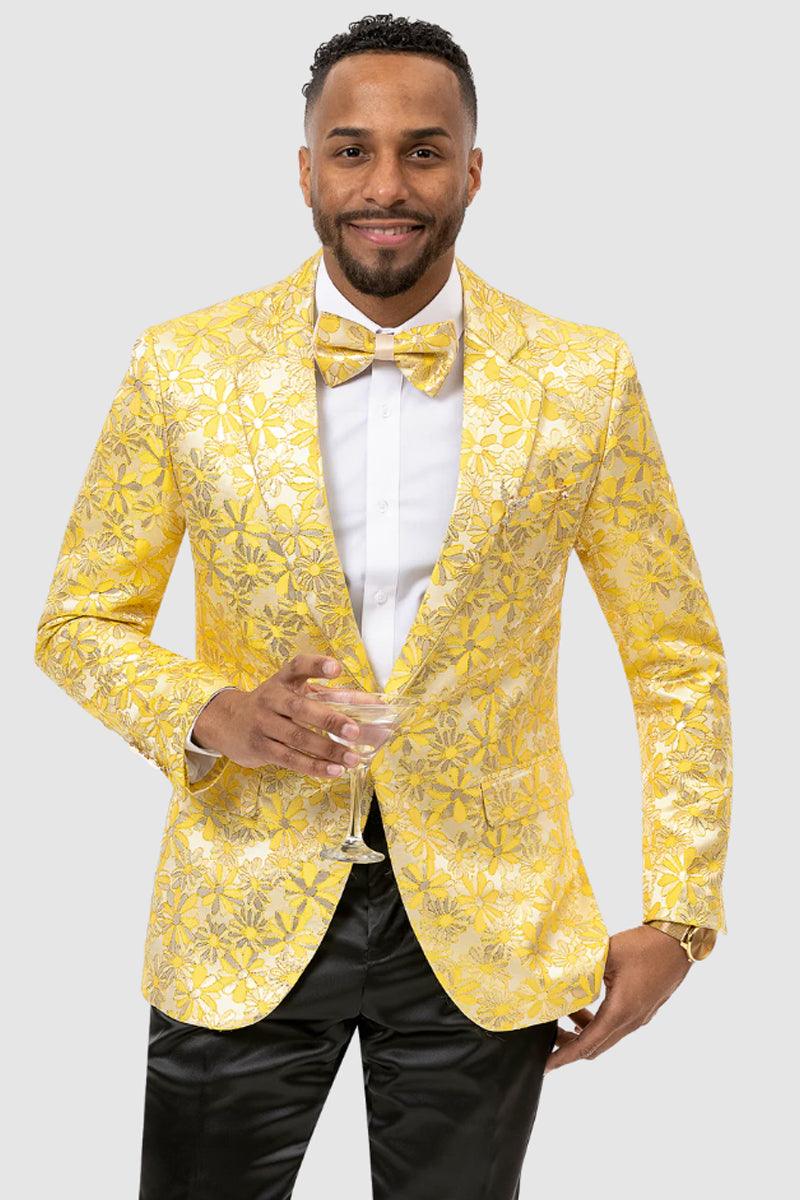 "EJ Samuel Men's Stylish Floral Print Yellow Gold Prom Tuxedo Dinner Jacket"