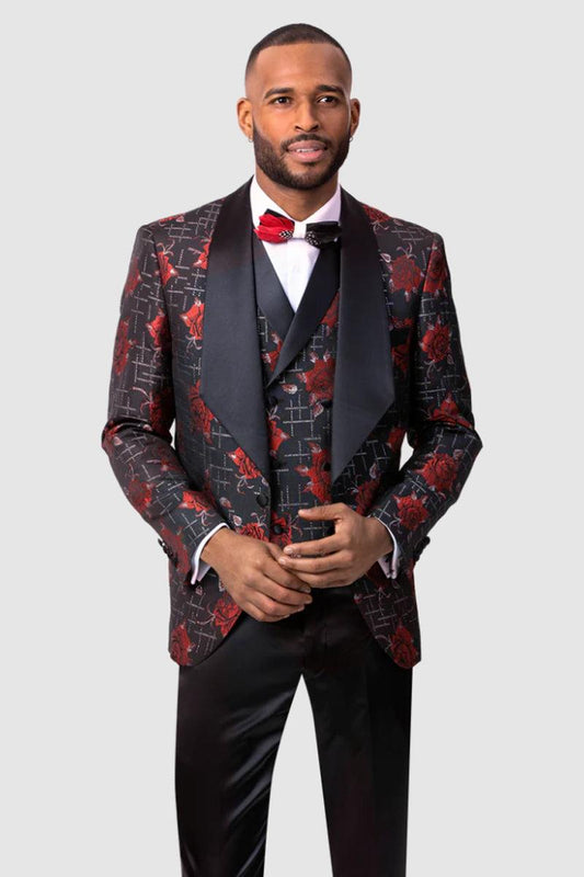 EJ Samuel Men's Vested Tuxedo Blazer w/ Diamond Shawl Lapel & Red Flower Print