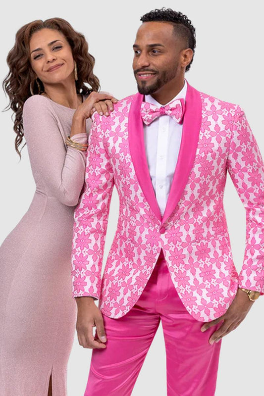EJ Samuel Prom Tuxedo - Slim Fit Hot Pink Fuschia Floral Lace