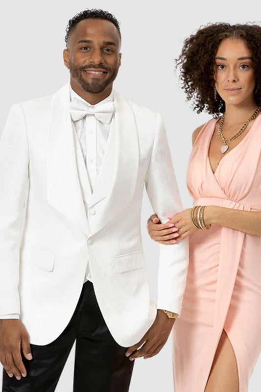 EJ Samuel White Paisley Prom & Wedding Vested Tuxedo Shawl w/ Square Cut
