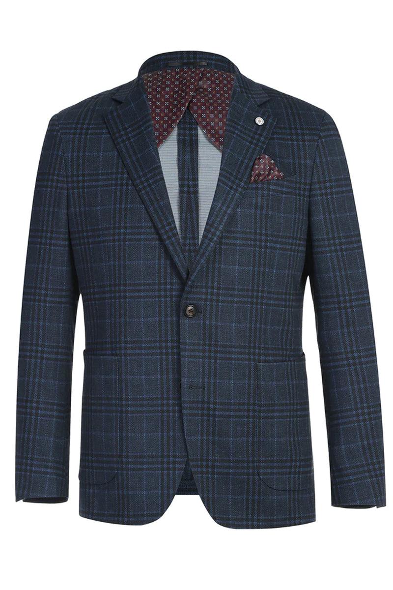"Elevate Your Style In Pelago's Blue Grey Windowpane Plaid Slim Fit Blazer"