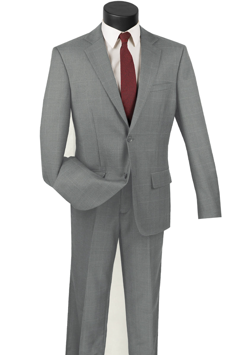 Mens Modern Fit 2 Button 100% Wool Windowpane Suit in Grey