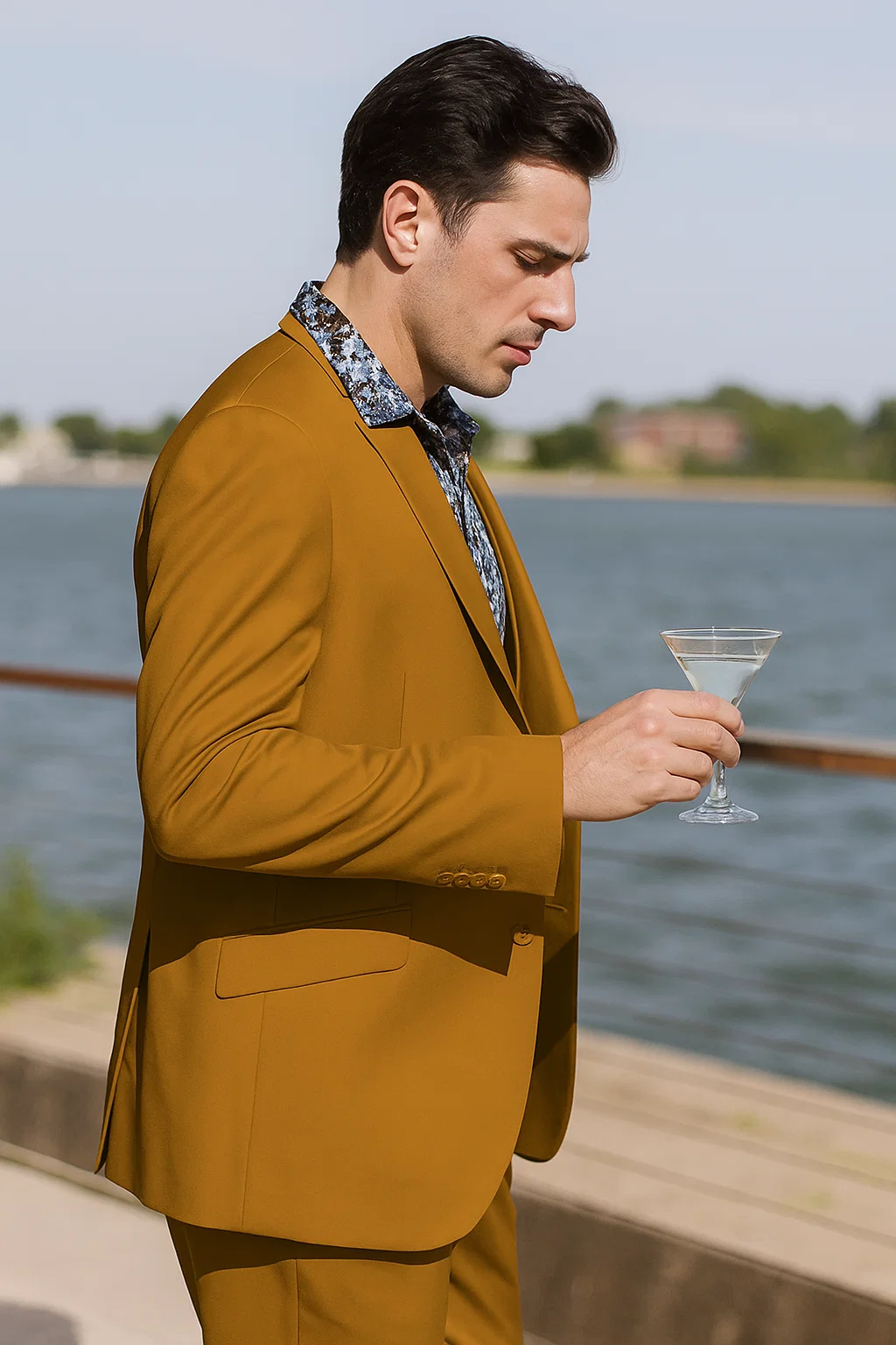 Stylish Gold 3-Piece Suit for Men â€“ Peak Lapel, Vested, Two Button Jacket