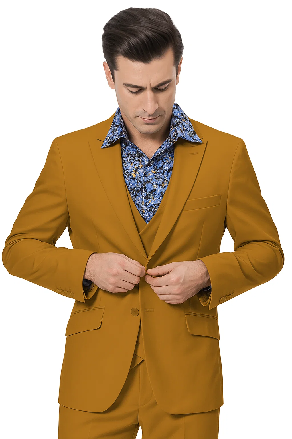 Stylish Gold 3-Piece Suit for Men â€“ Peak Lapel, Vested, Two Button Jacket