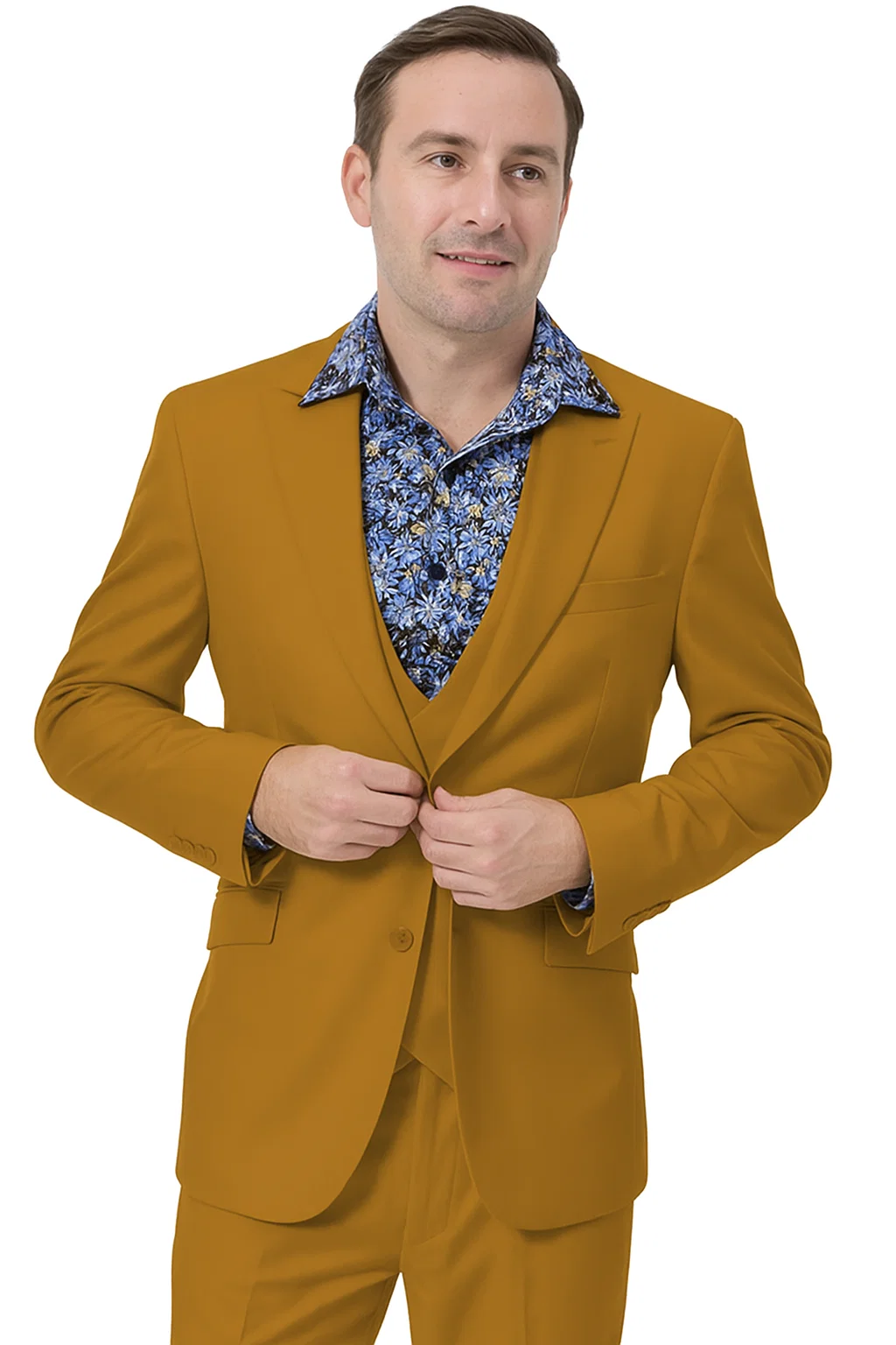 Stylish Gold 3-Piece Suit for Men â€“ Peak Lapel, Vested, Two Button Jacket