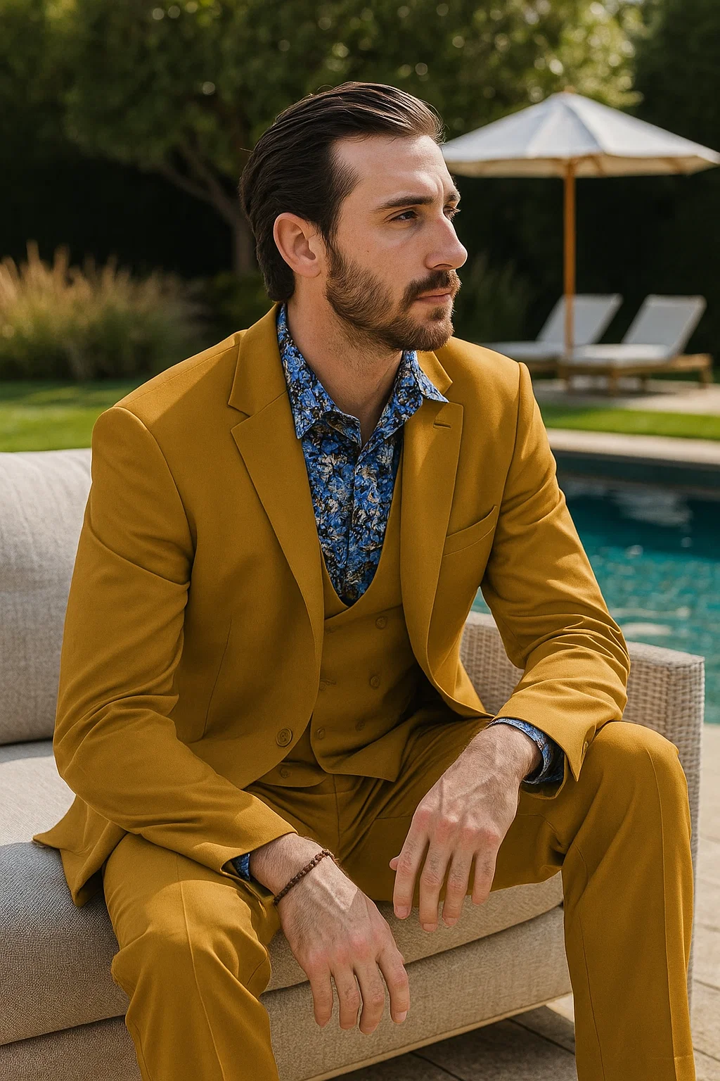Stylish Gold 3-Piece Suit for Men â€“ Peak Lapel, Vested, Two Button Jacket