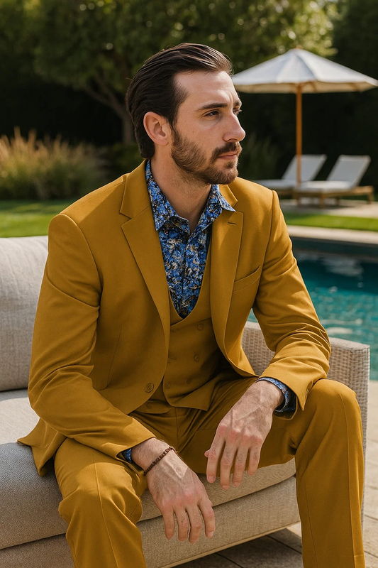 Stylish Gold 3-Piece Suit for Men â€“ Peak Lapel, Vested, Two Button Jacket