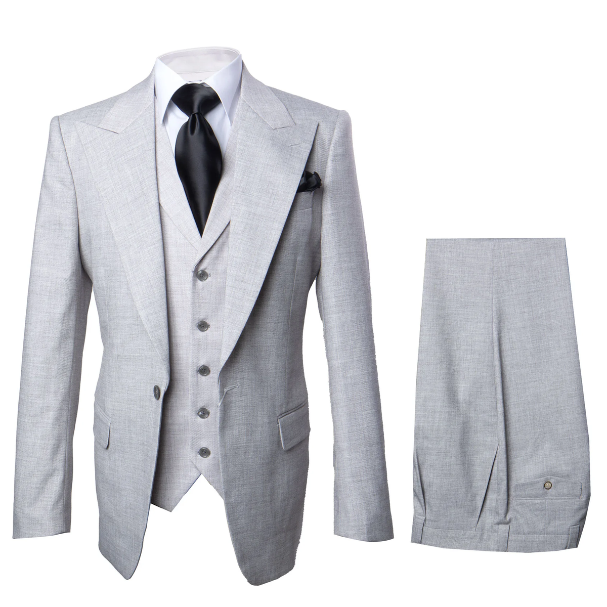 Suits With Baggy Pleated Pants - Wide Leg Pants 100% Wool - Classic Fit in Grey One Button 3 Piece Suit by Rossiman
