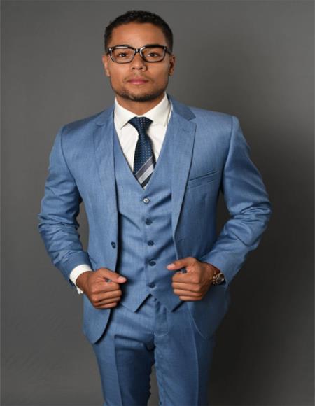 Sharkskin Textured 3-Piece Steel Blue - Dusty Blue Suit