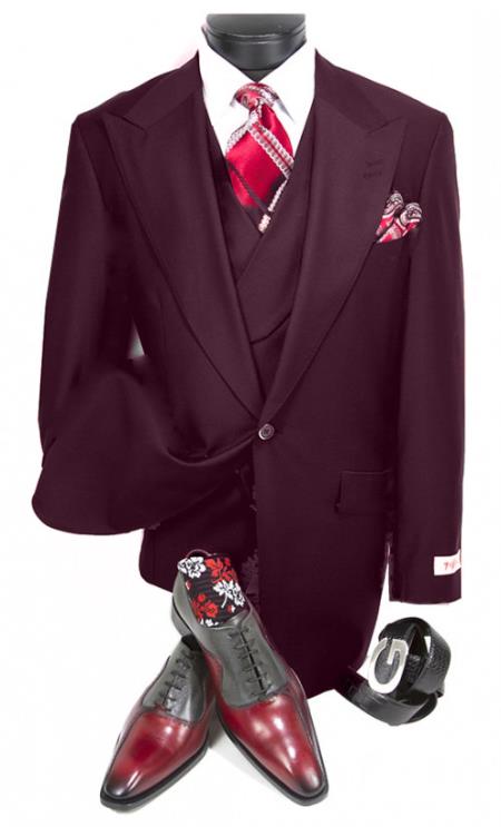 Mens Big and Tall Size Suits - Plus Size Mens Burgundy Suit - Peak Lapel Ticket Pocket