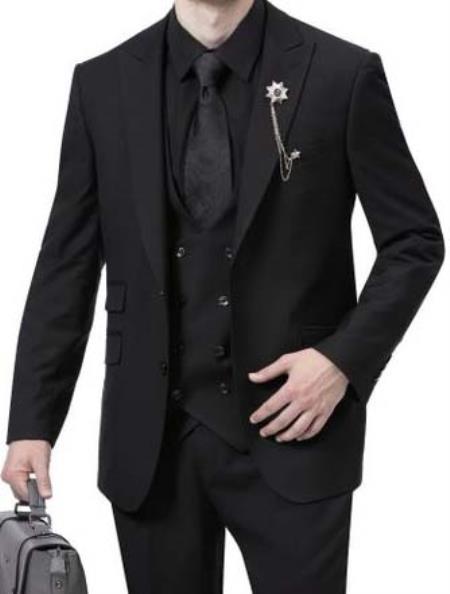 Mens 1920s Fashion Suit Black Peak Lapel Low Cut Vest