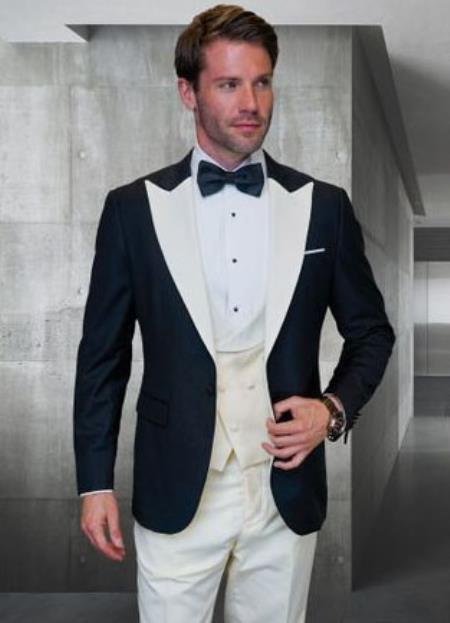 Statement Mens Fashion Tuxedo Ivory 3 Piece Fitted Designer Tuxedo