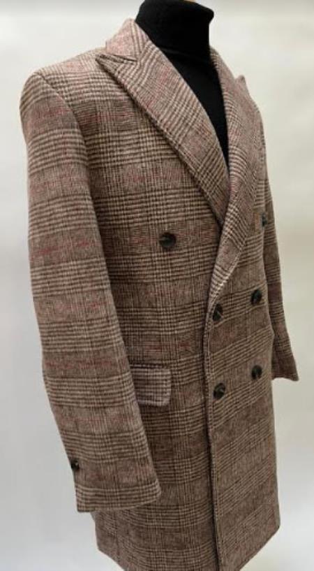 Mens Plaid Overcoat - Houndstooth Checker Pattern Topcoat - Rust Brown