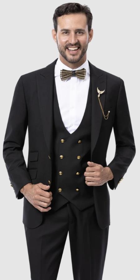 Mens Two Button Peak Lapel Suit Black