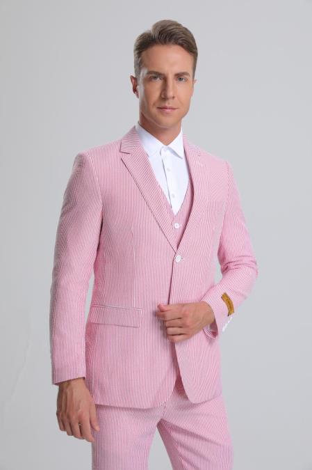 SKU#JA61392 Seersucker Suit - Summer Suit - Cotton Suit - Red