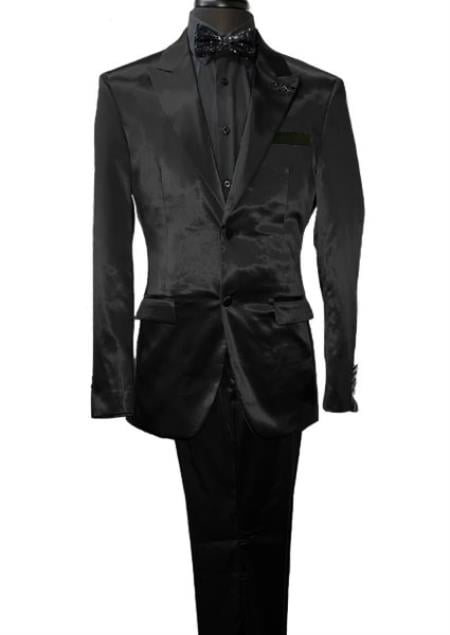Mens Shiny Blazer - Black Sateen Vested Suit