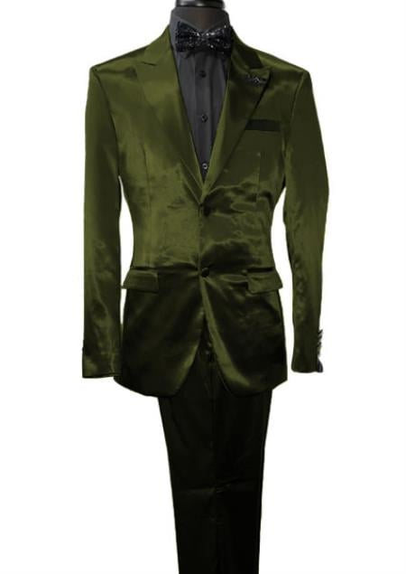 Mens Shiny Blazer - Olive Green Sateen Vested Suit-New Designer Collection