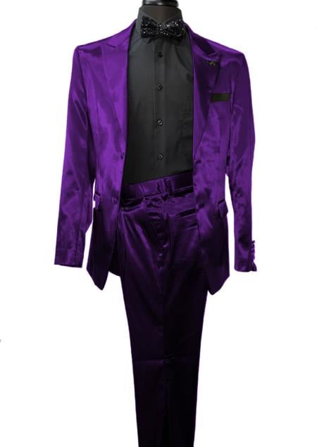 Mens Shiny Blazer - Purple Sateen Vested Suit