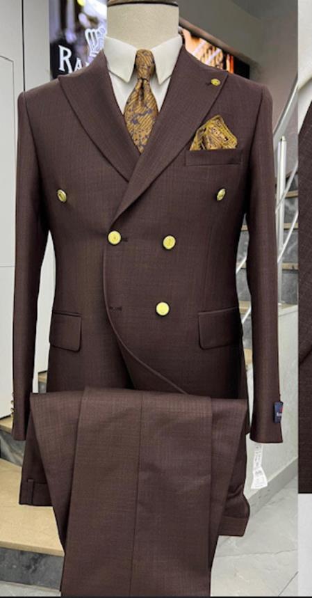 Mens Double Breasted Suits Gold Buttons -  Brown Suit - Double Breasted Blazer