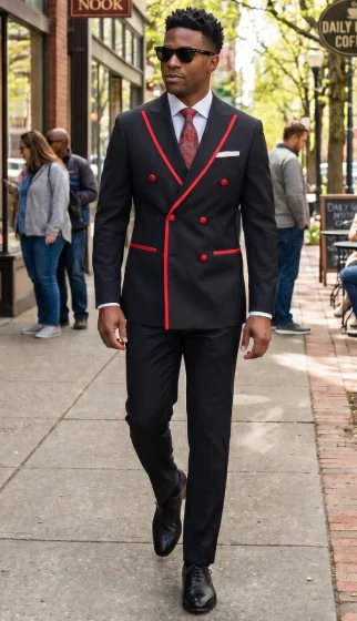 Mens Black and Red Double Breasted Tuxedo 100% Wool Modern Fit