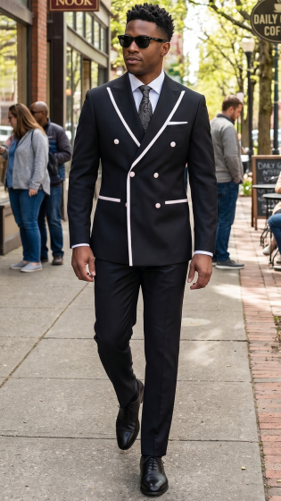 Mens Black and White Double Breasted Tuxedo 100% Wool Modern Fit