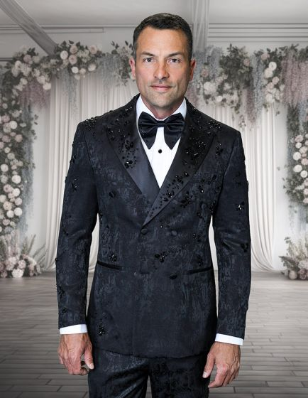Mens Black Double Breasted Tuxedo 100% Wool Modern Fit