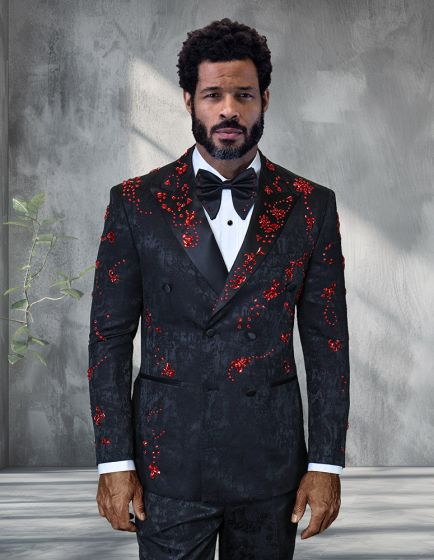 Mens Black and Red Sequin Double Breasted Tuxedo 100% Wool Modern Fit