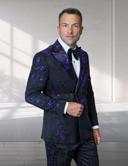Mens Black and Purple Royal Double Breasted Tuxedo 100% Wool Modern Fit
