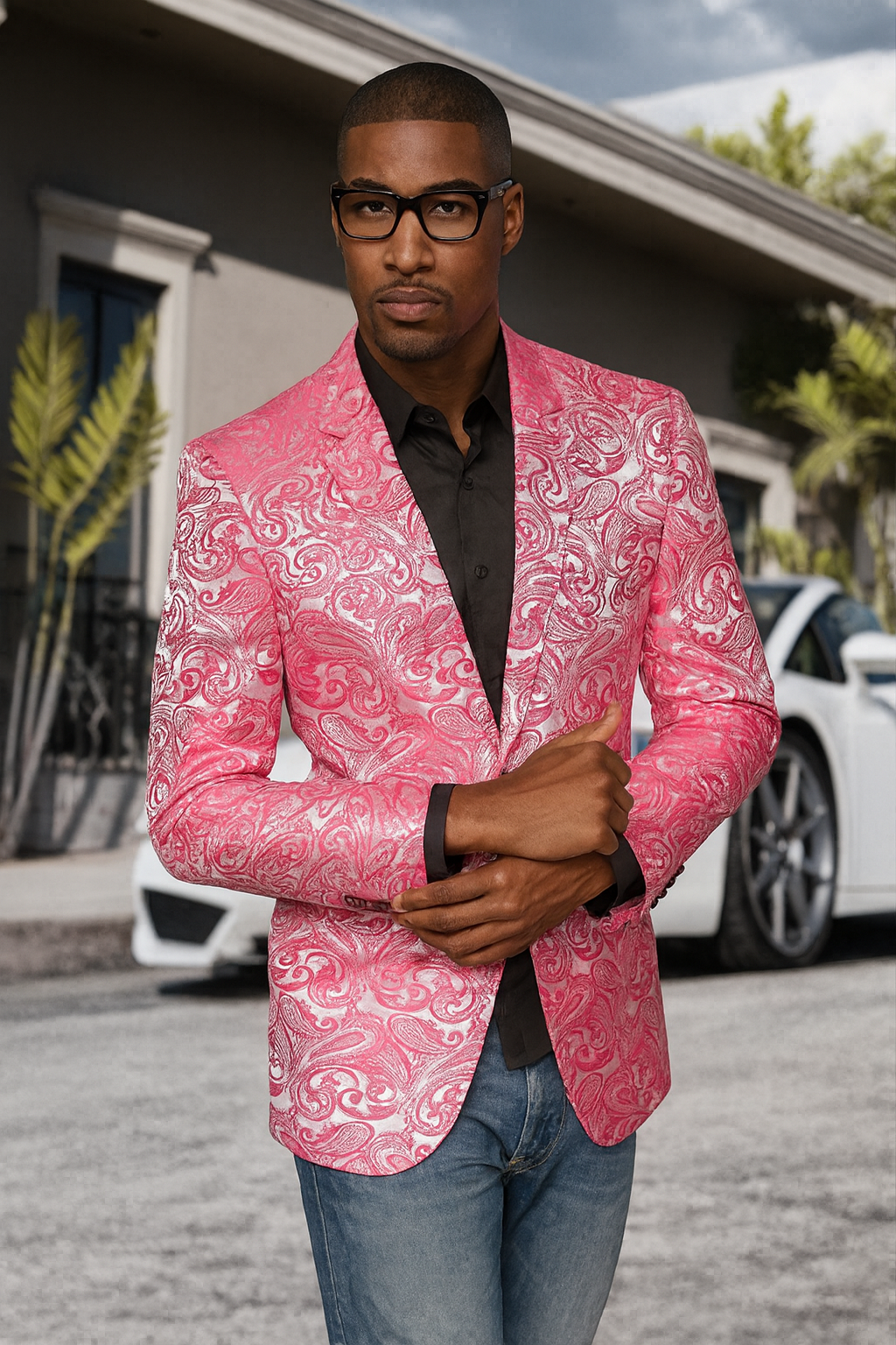 Alberto Nardoni Brand Fashion Men's shiny Fuchsia ~ black lapel blazer fashion pink sportcoat