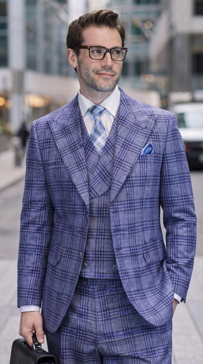 Statement Men's 3-Piece 100% Wool Tailored Fit Glen Plaid Suit - Double Breasted Vest