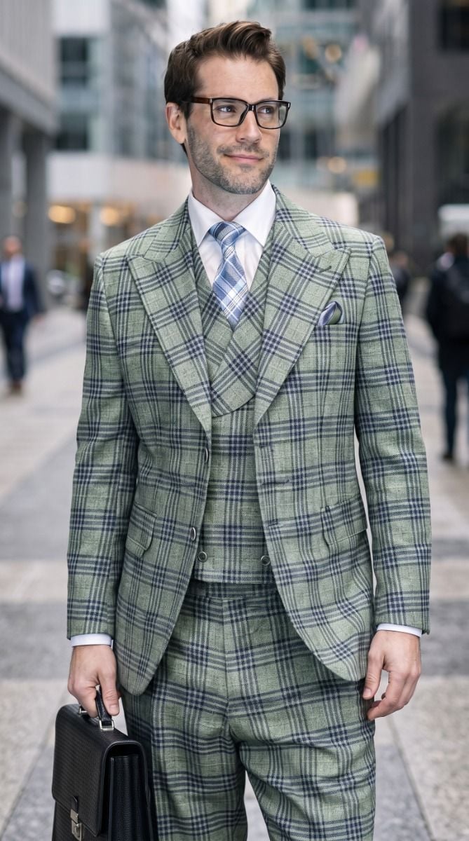 Statement Men's 3-Piece 100% Wool Tailored Fit Glen Plaid Suit - Double Breasted Vest